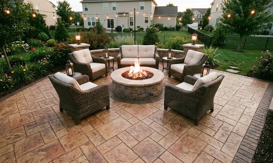 Custom stamped concrete patio in Summerville SC featuring a slate pattern and fire pit.