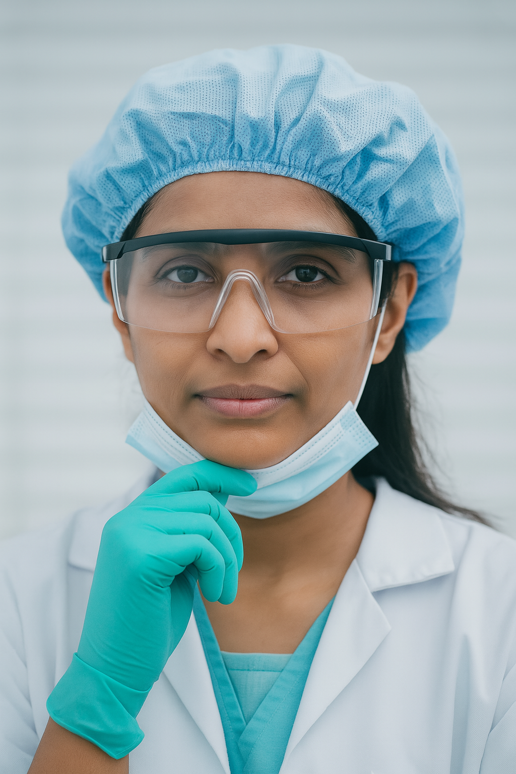 Doctor Hima Bindu wearing a surgical cap , mask , goggles and gloves.