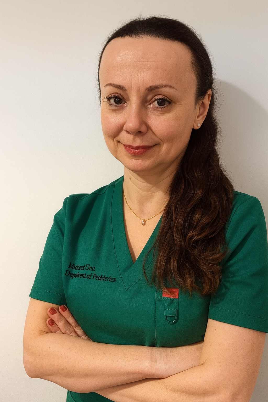 Dr. Joanna Szydłowska in a green scrub top is standing with her arms crossed.
