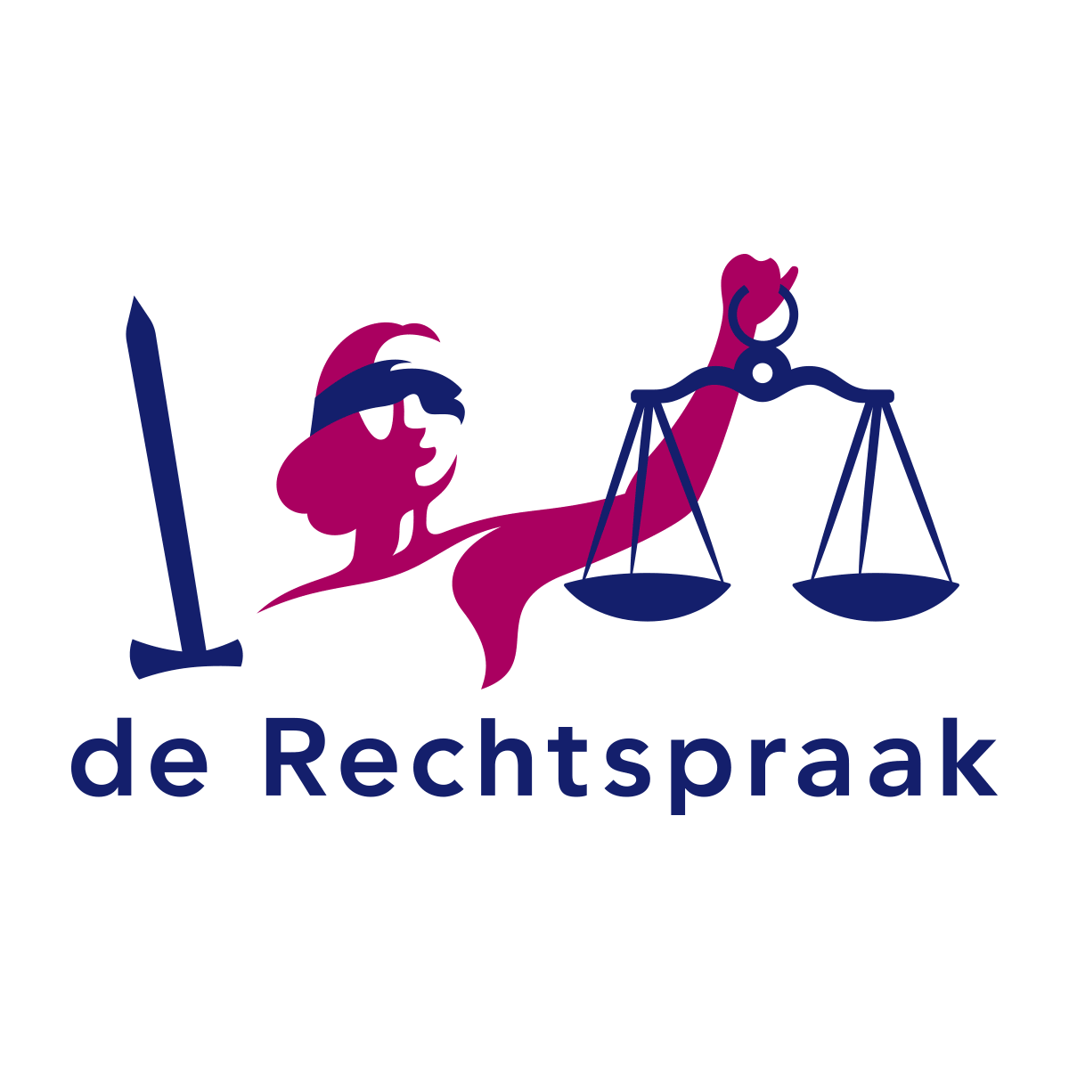 Een logo voor de rechtspraak met een vrouwe Justitia die een weegschaal van gerechtigheid vasthoudt