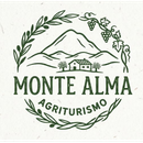 Logo dell'agriturismo Monte Alma con montagna verde, casale, uva e tralci d'ulivo.