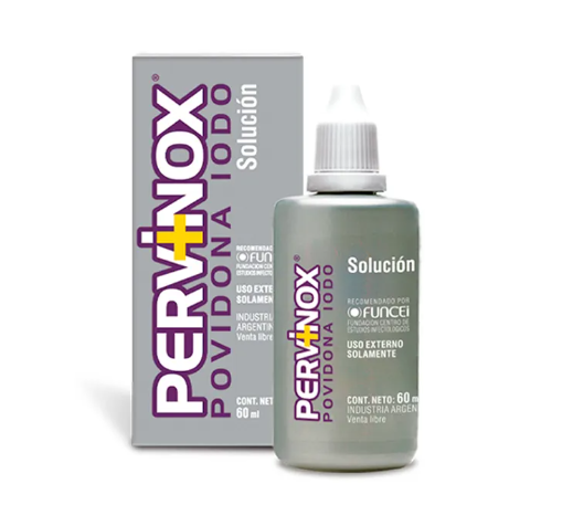 Una caja y una botella de solución de pervinox povidona todo