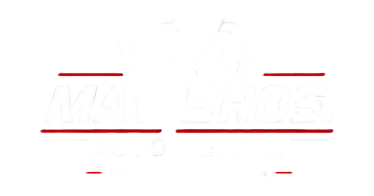 May Bros. Auto Repair logo with checkered flags and Chattanooga, TN text on a black background