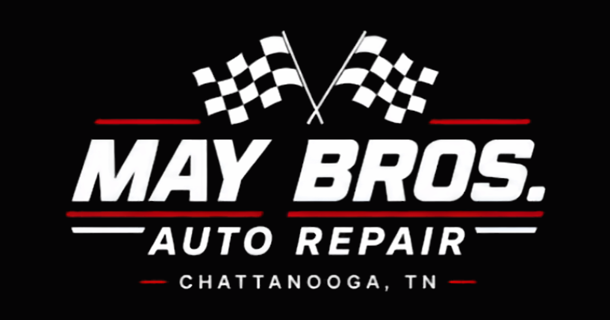 May Bros. Auto Repair logo with checkered flags and Chattanooga, TN text on a black background