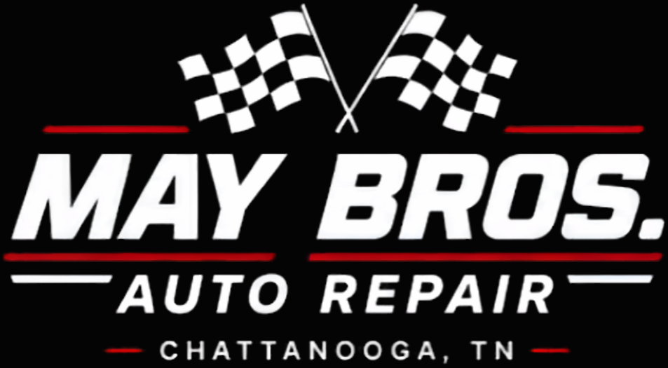 May Bros. Auto Repair logo with checkered flags and “Chattanooga, TN” on black background