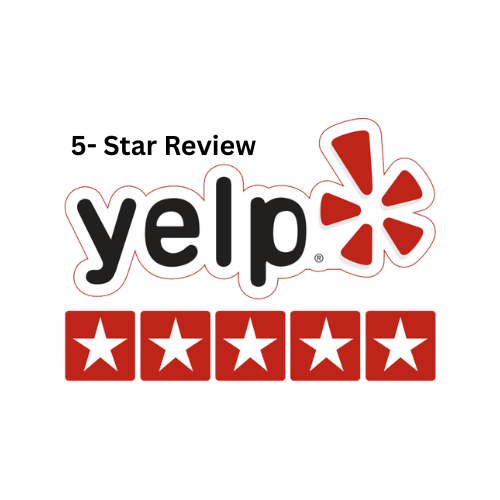 Yelp 5-star review: red and white logo with five stars.