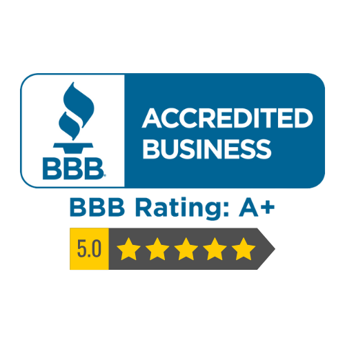BBB Accredited Business badge with A+ rating and 5-star review, featuring a blue and white logo.