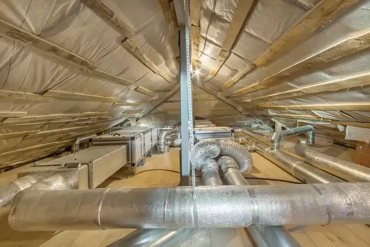 Attic with HVAC system; ductwork, insulation, and metal beams. Silver and white tones, interior view.