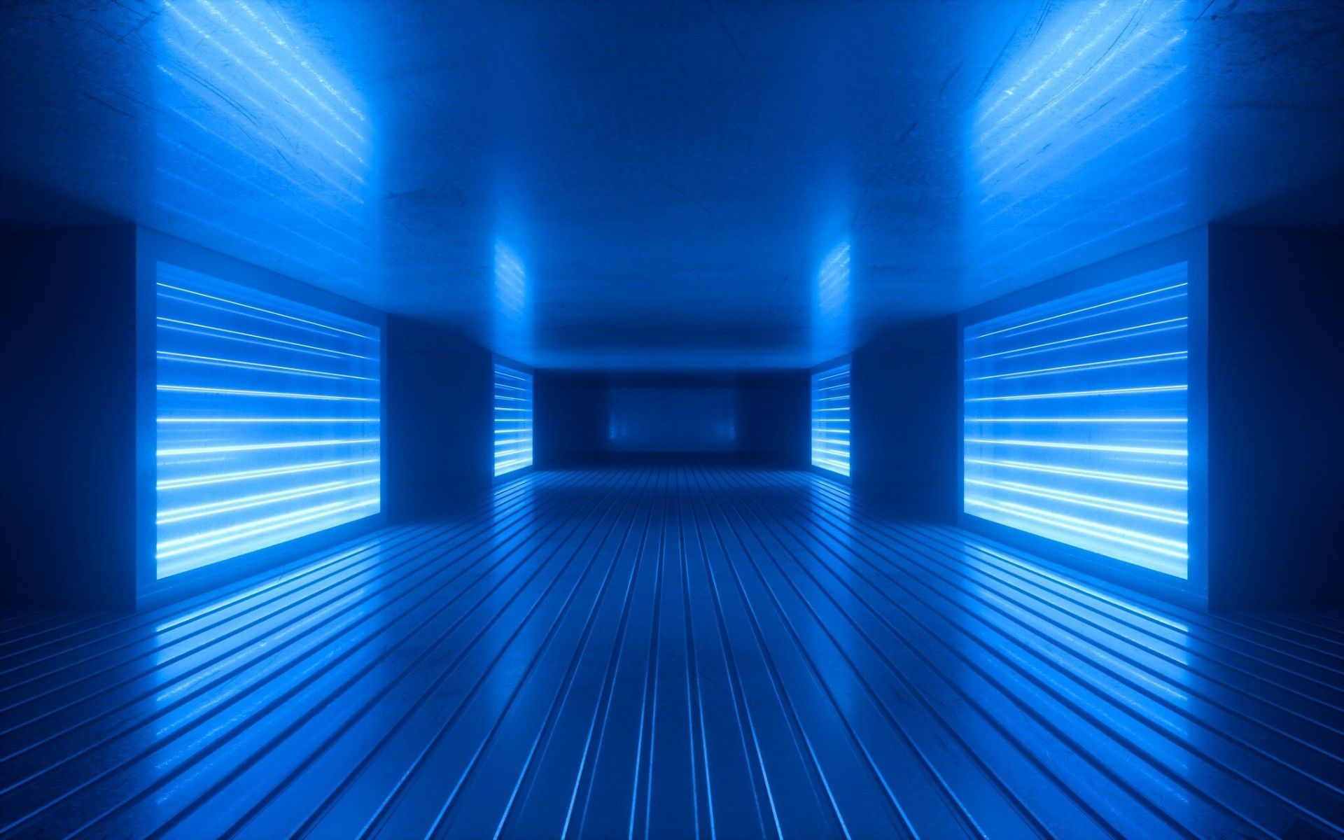 Blue-lit futuristic hallway with horizontal light panels on walls and reflective floor.