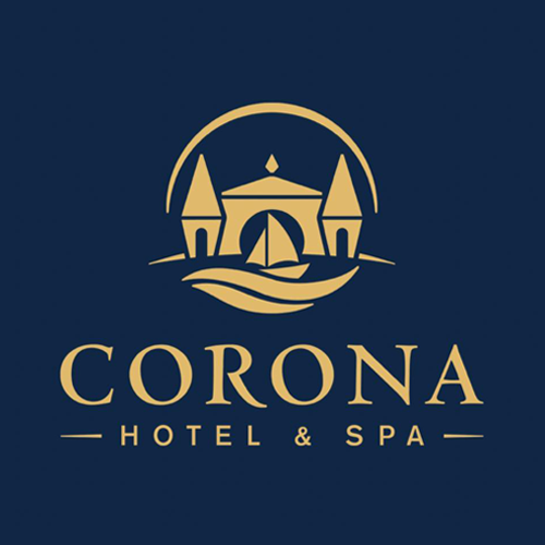 A corona hotel and spa logo on a blue background