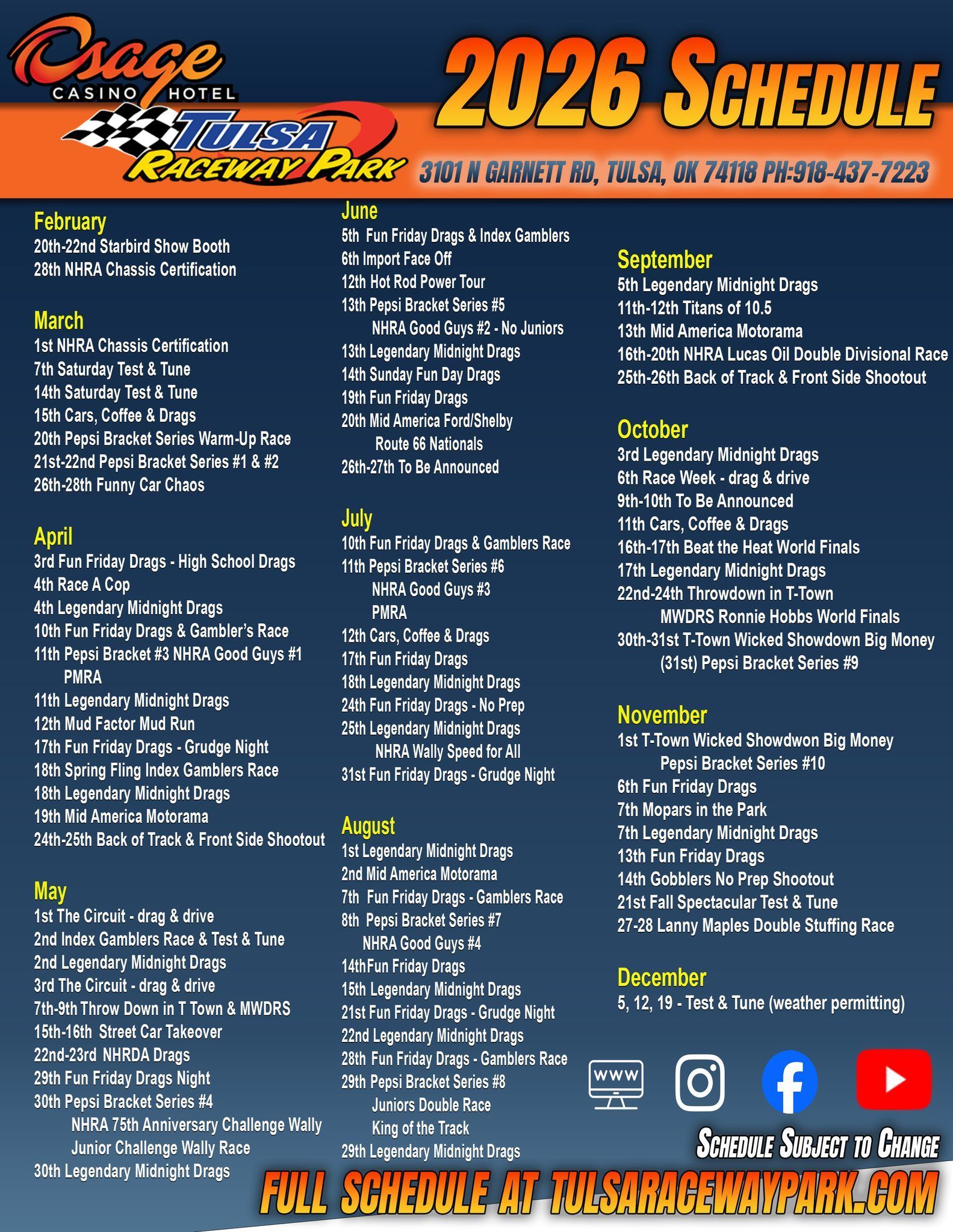 2026 racing schedule for Osage Casino & Hotel Tulsa Raceway Park, listing events by month against a dark blue background.