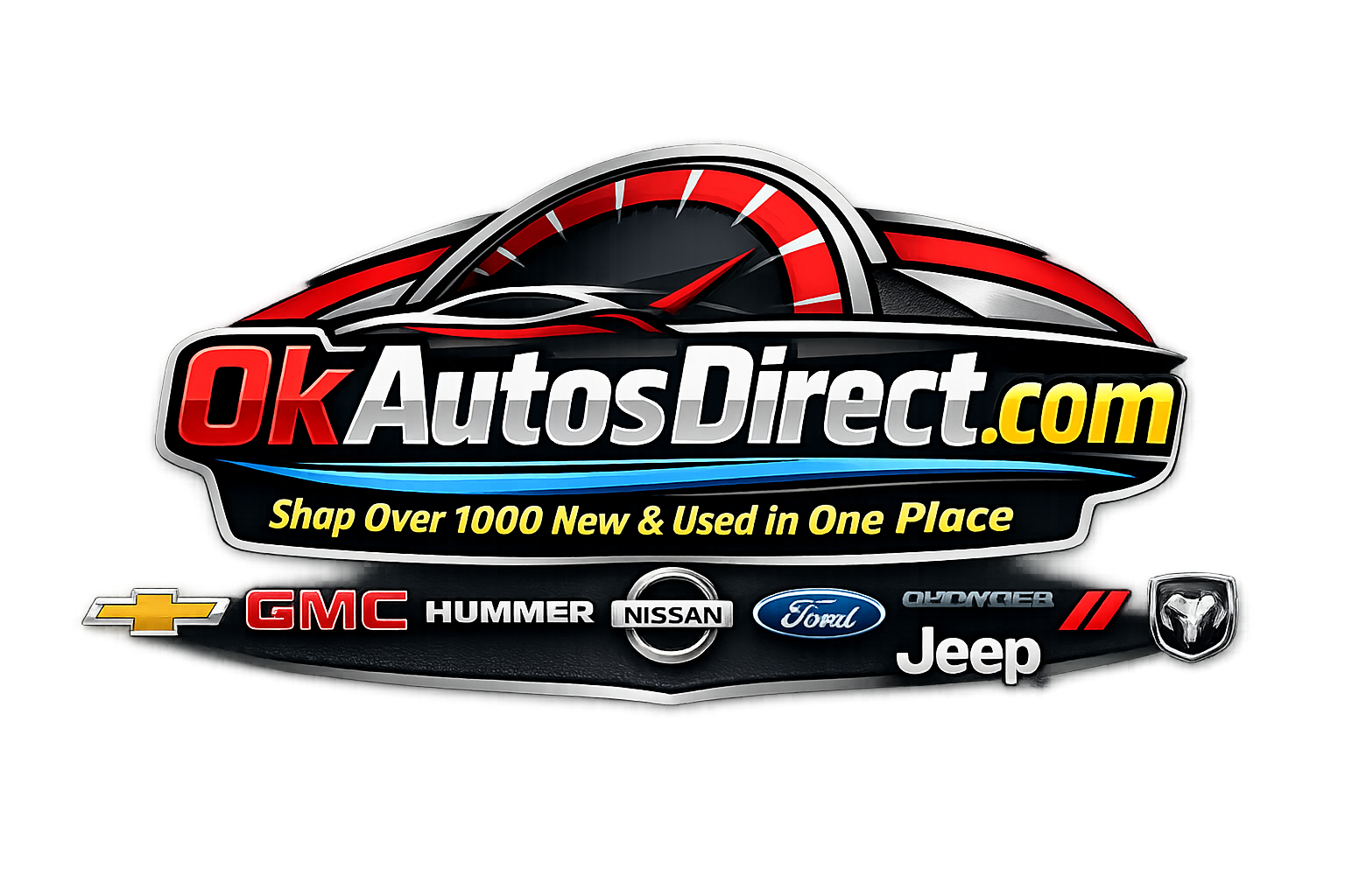 Logo for OkAutosDirect.com featuring a red speedometer graphic and text listing various car brand logos below.