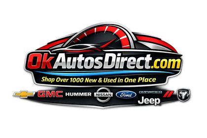 Logo for OkAutosDirect.com featuring a red speedometer graphic and text listing various car brand logos below.