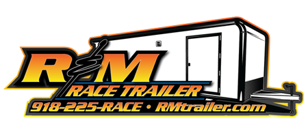 Logo for RM Race Trailer: white trailer with black trim, yellow/orange "RM" logo, contact info.