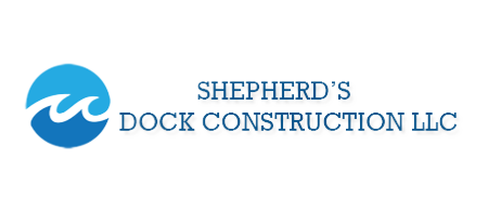 Logo of Shepherd's Dock Construction LLC with a blue wave inside a circle.
