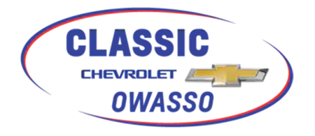 Classic Chevrolet Owasso logo. Blue text on white background with gold Chevrolet emblem inside a red and blue oval.
