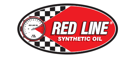Red Line Synthetic Oil logo: oval with red and checkered background, speedometer, and company name.