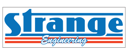 Logo for Strange Engineering, featuring blue text with red stripes and the word 
