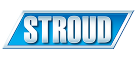Stroud logo in white letters on a blue angled background with a silver border.