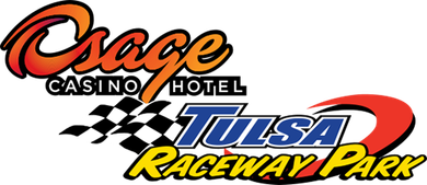 Logo for Osage Casino Hotel Tulsa Raceway Park featuring a checkered flag design with orange, blue, and yellow text.