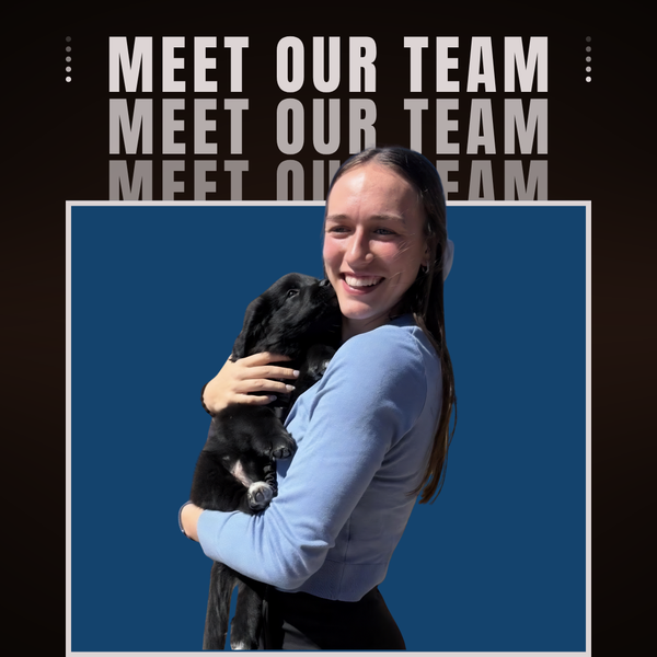 Woman holding a black dog in front of “MEET OUR TEAM” text