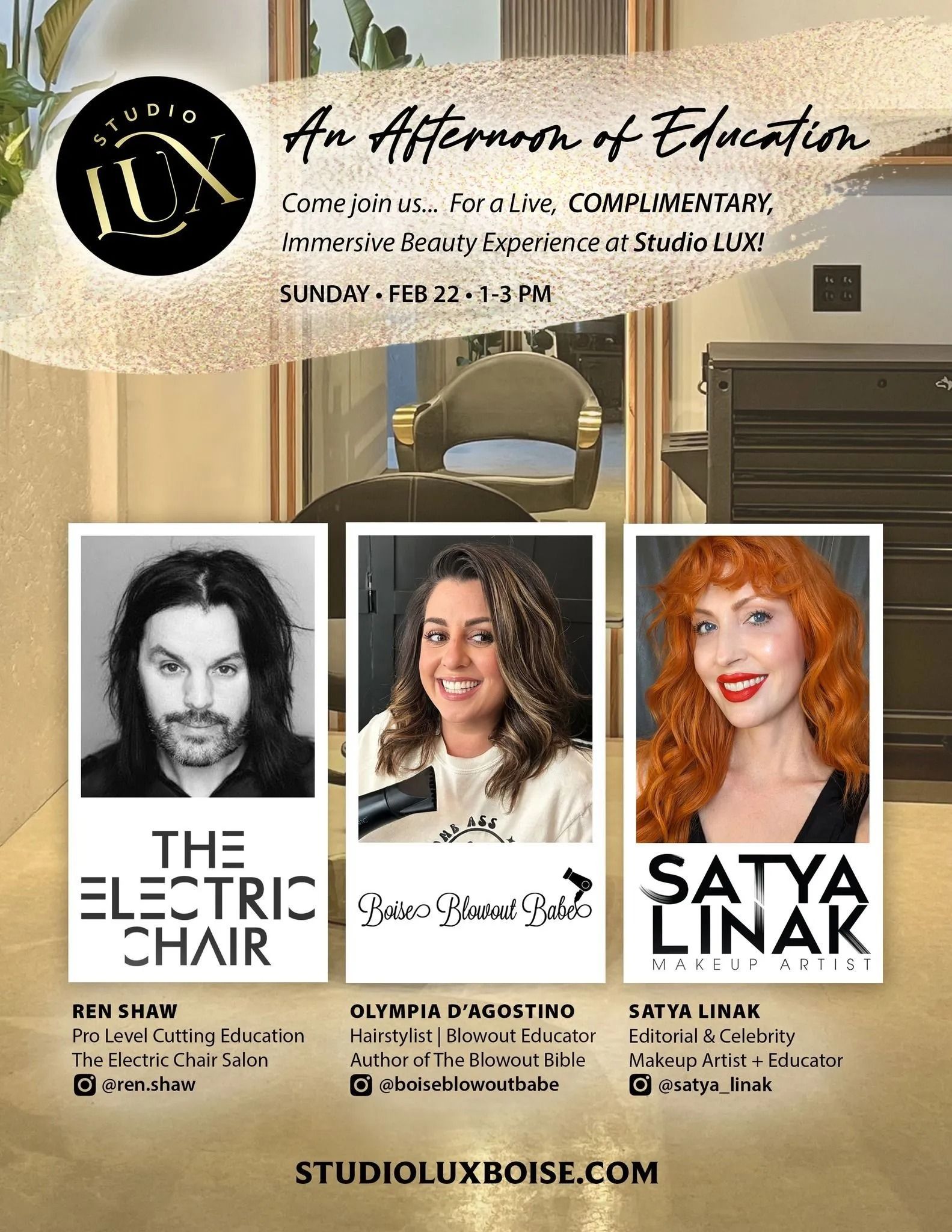 Poster for “An Afternoon of Education” featuring three speakers and a salon chair at Studio Chique.
