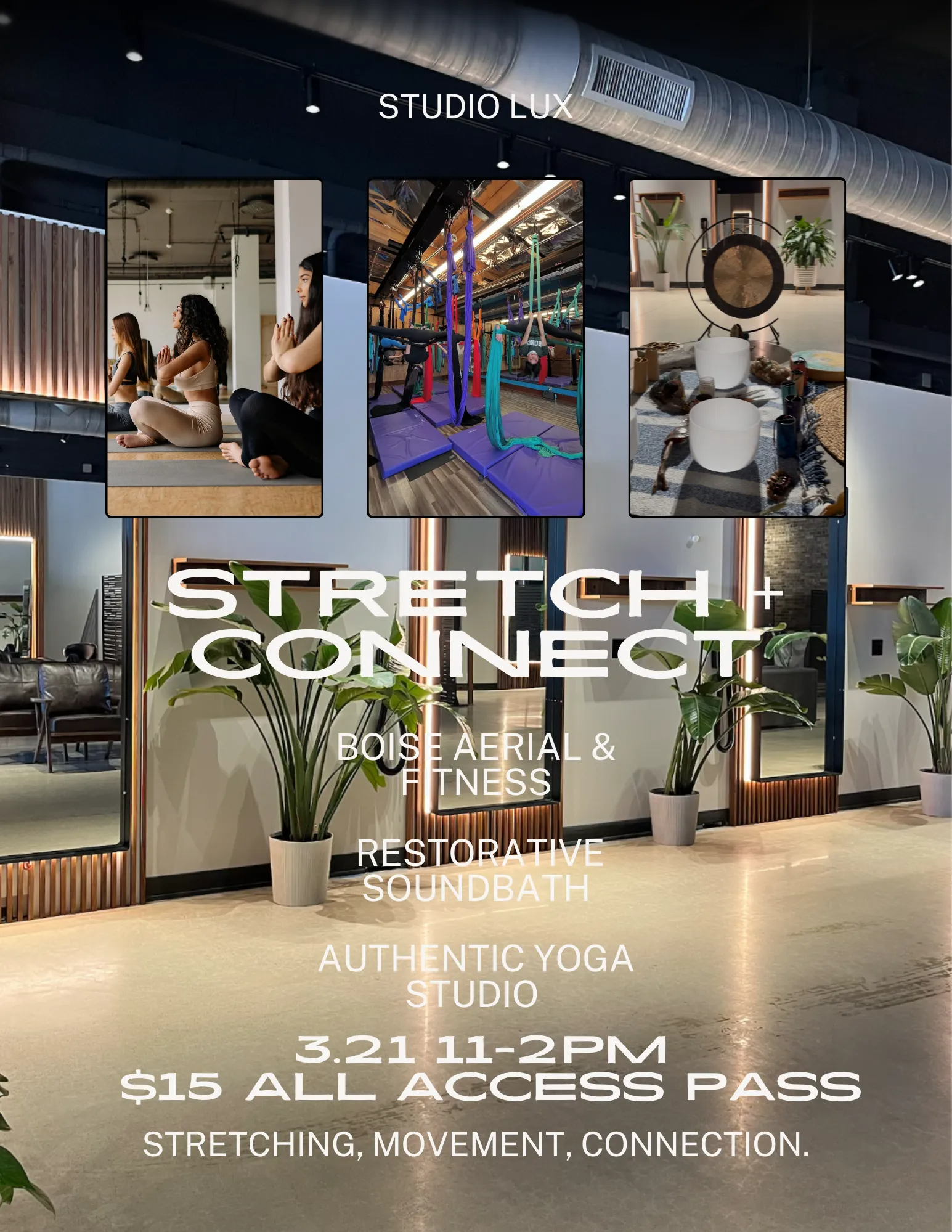 Stretch Connect event poster with yoga, massage, and studio photos; March 21, 11-2 PM, South Bay.