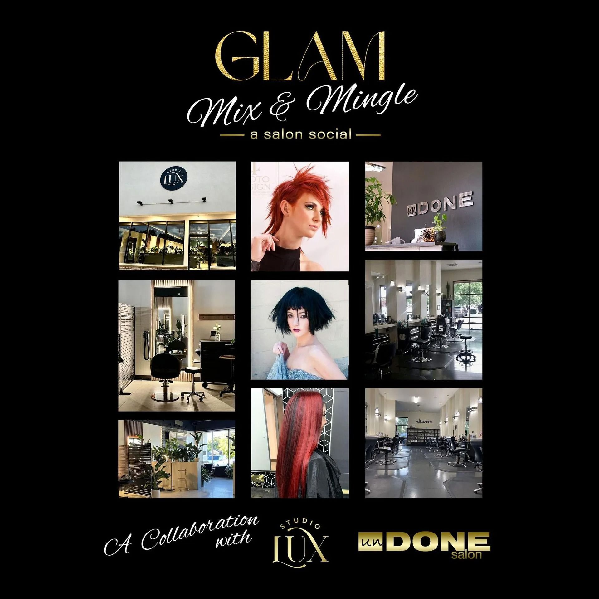 Promotional collage for “GLAM Mix & Mingle” featuring salon interiors, styled portraits, and event branding