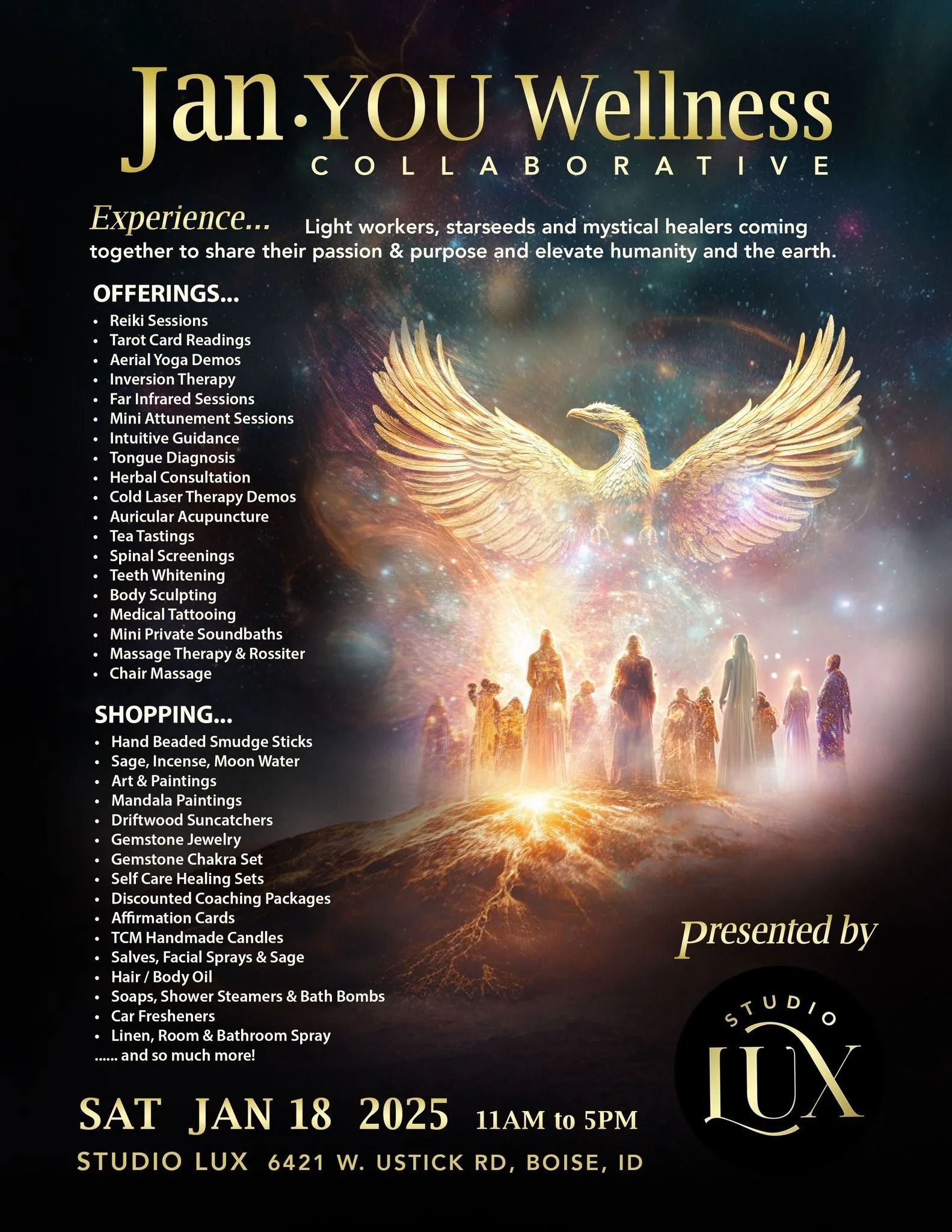 Jan. YOU Wellness Summit poster with golden angel wings, glowing figures, and event details on a dark background