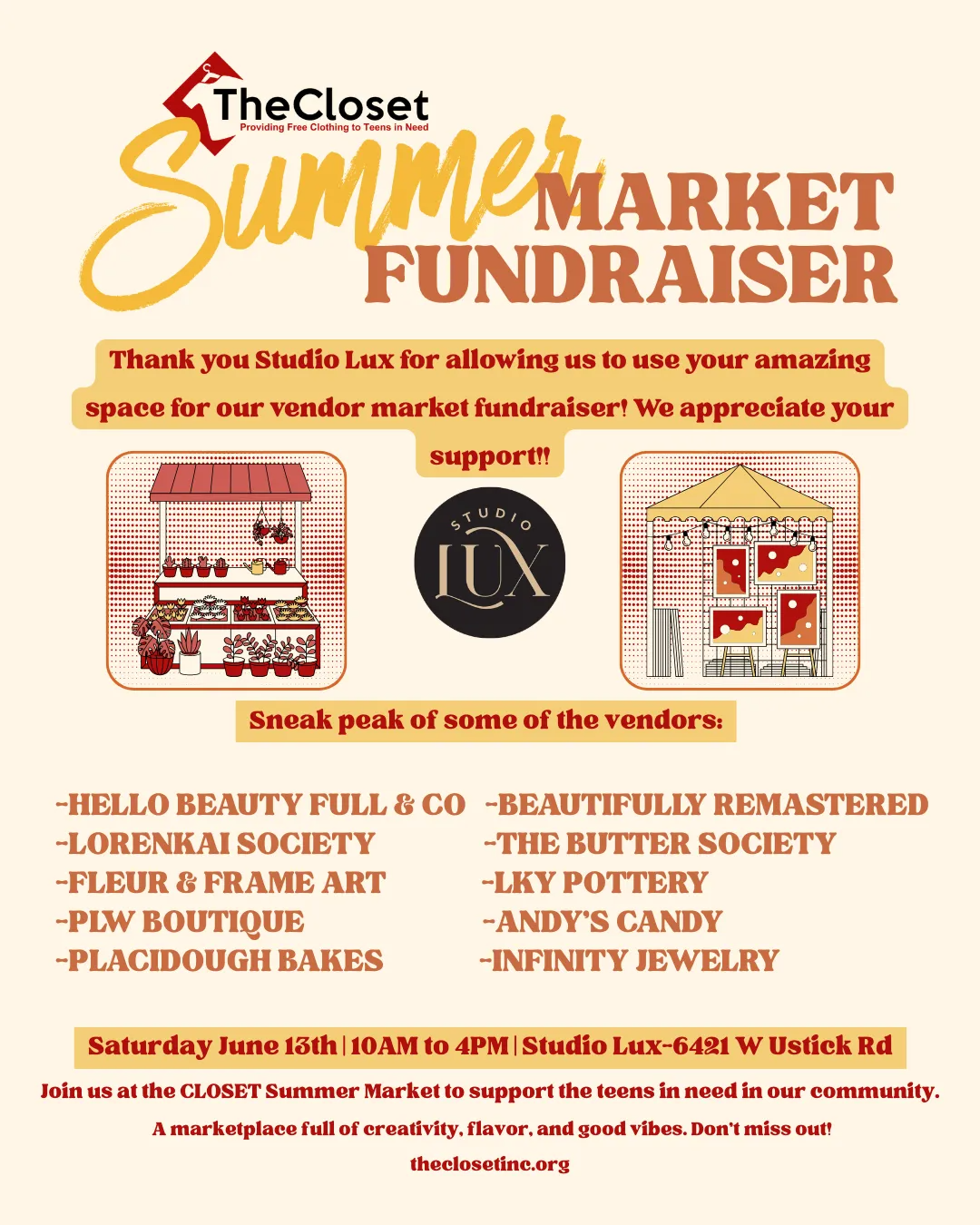Flyer for The Closet Summer Market fundraiser with vendors and event details, orange and cream theme