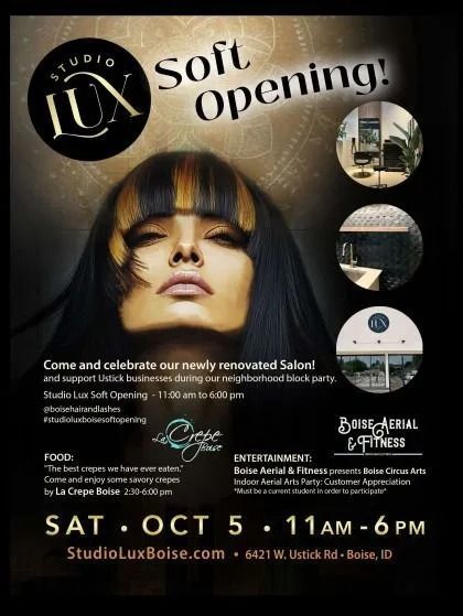 Stylized “Soft Opening” salon flyer with a model portrait and event details on a dark gold background