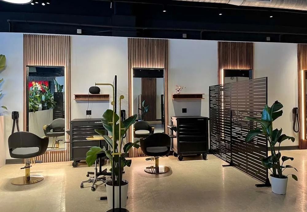 Modern salon interior with styling chairs, mirrors, plants, and a decorative privacy screen
