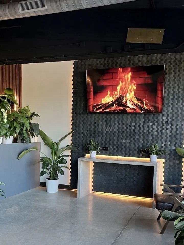 Modern living room with a lit fireplace, dark tiled wall, and potted plants on a gray floor