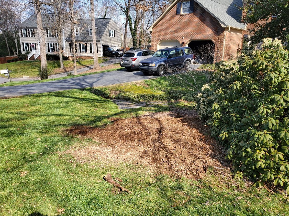after grinding the stump in a flower bed near the driveway