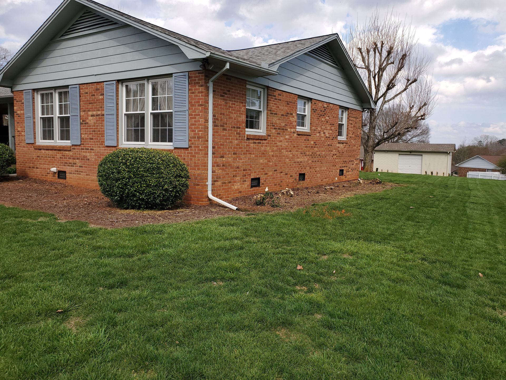 Photo of the house after the bushes were cut down, but the stumps are still there.