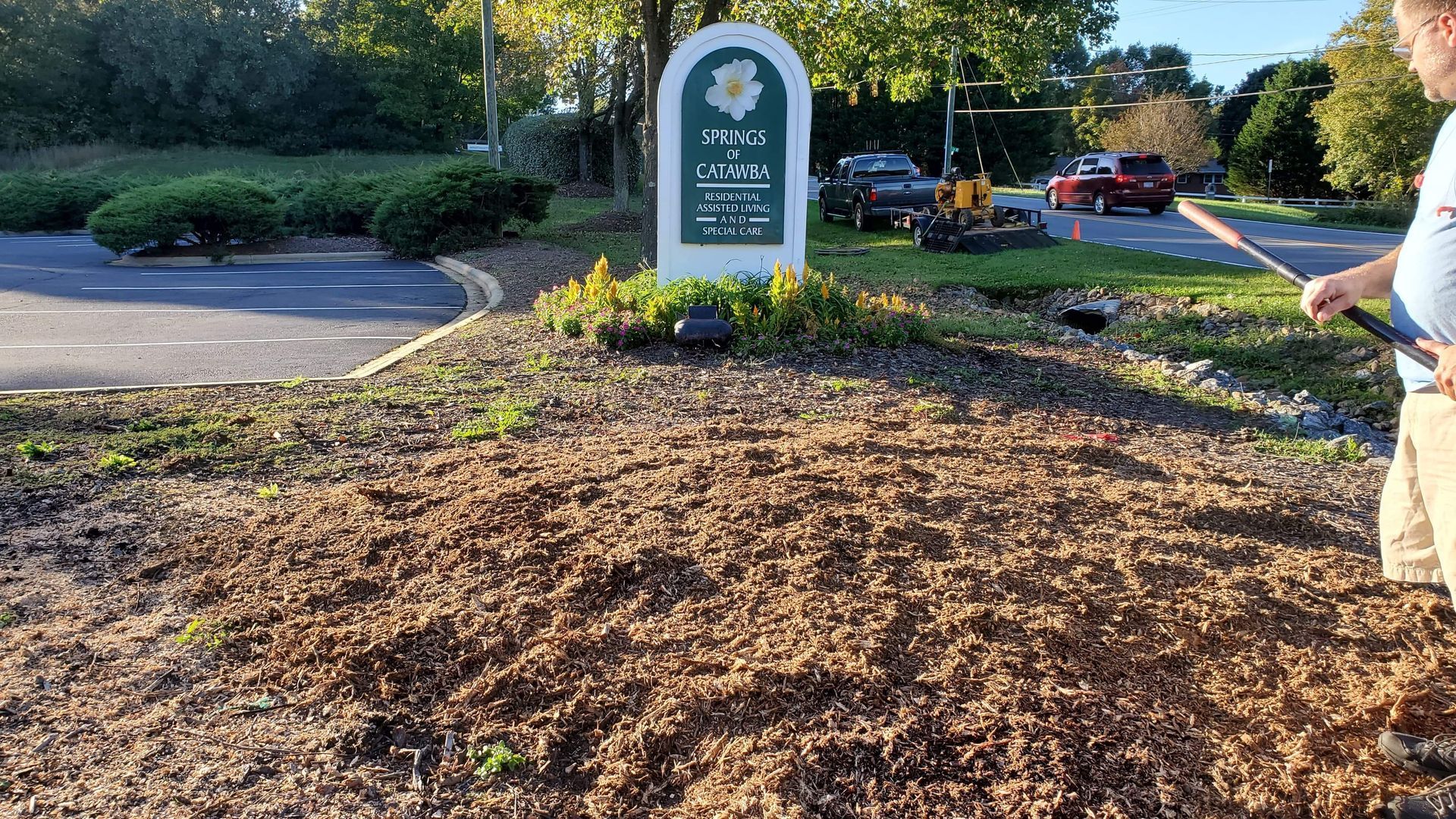 After removal of the stump in a flower bed.