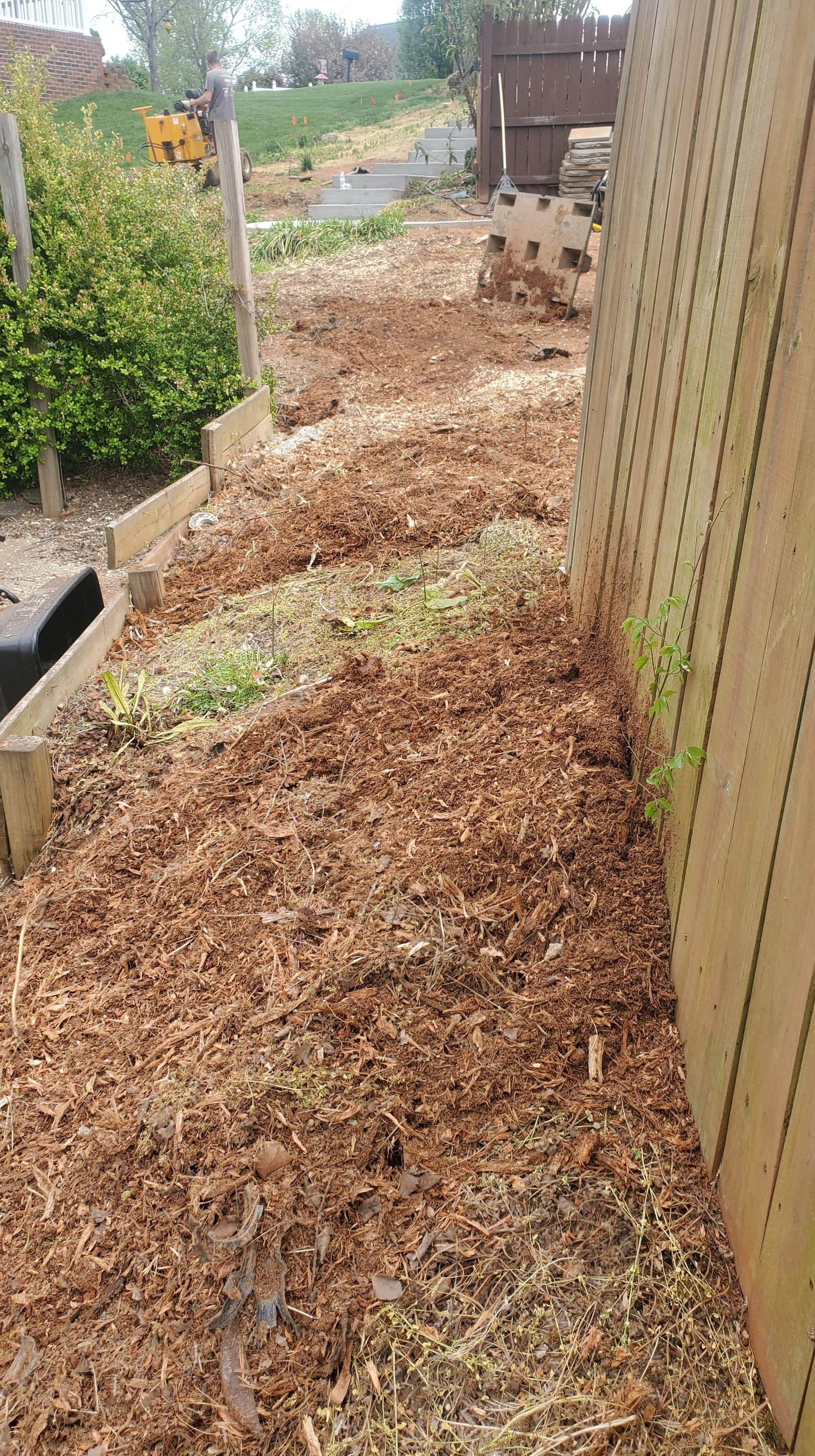 After photo of stump griding next to a fence.