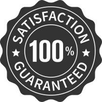 Black and white “100% Satisfaction Guaranteed” seal badge with stars around the edge