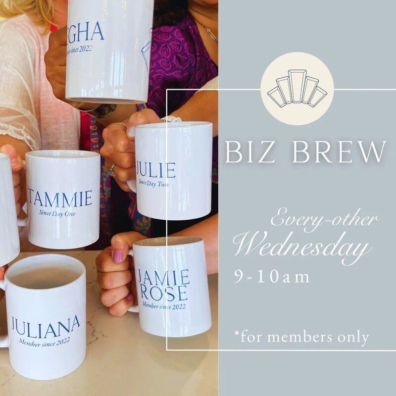 People holding white mugs with names, promoting a