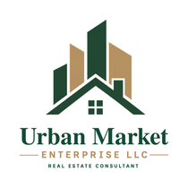Urban Market Enterprise LLC logo with green and tan city skyline and house roof icon over real estate consultant text