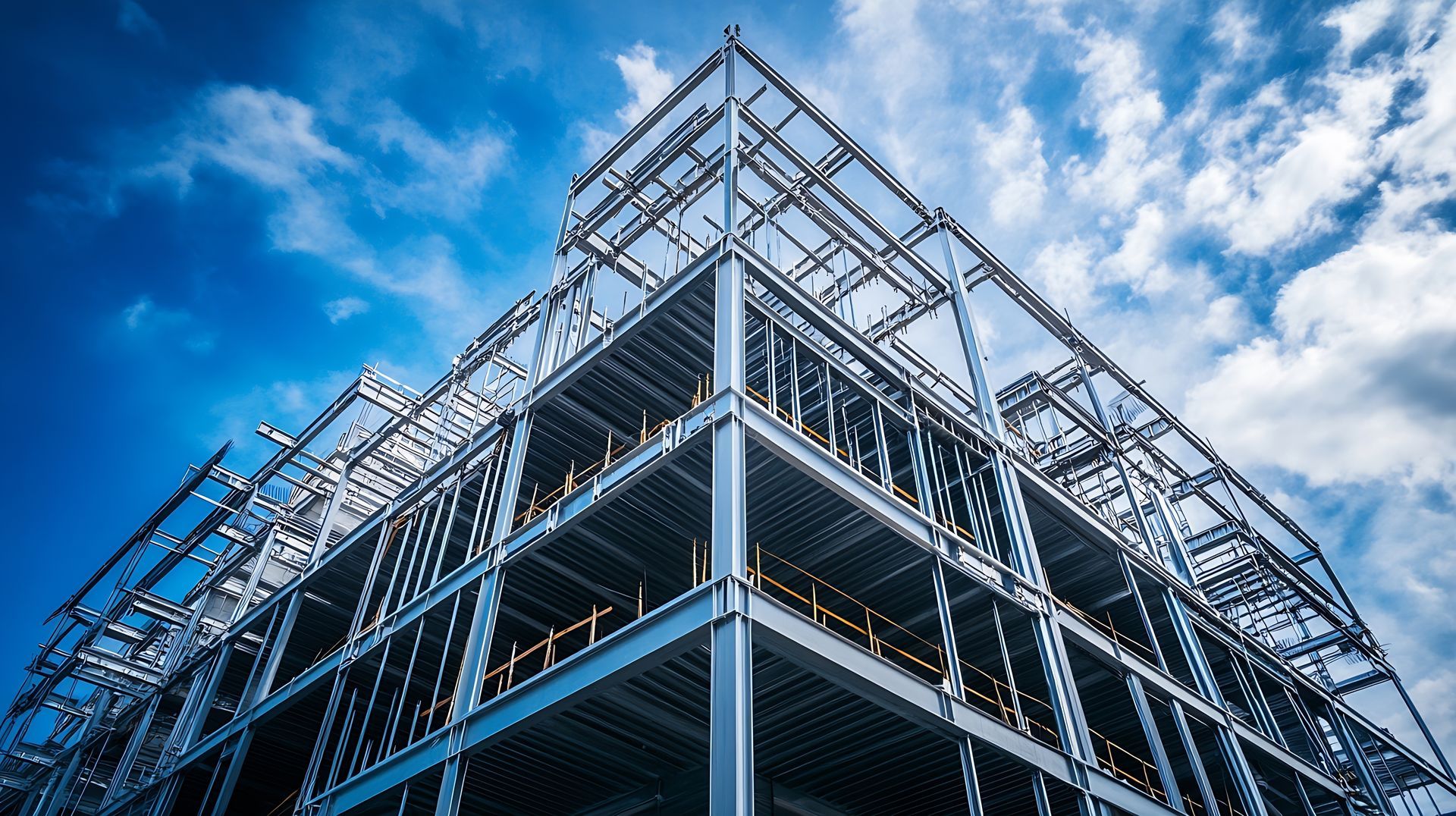 Steel erector installing structural steel frame for multi-story commercial building under blue sky. Steel erector installing structural steel frame for multi-story commercial building under blue sky.