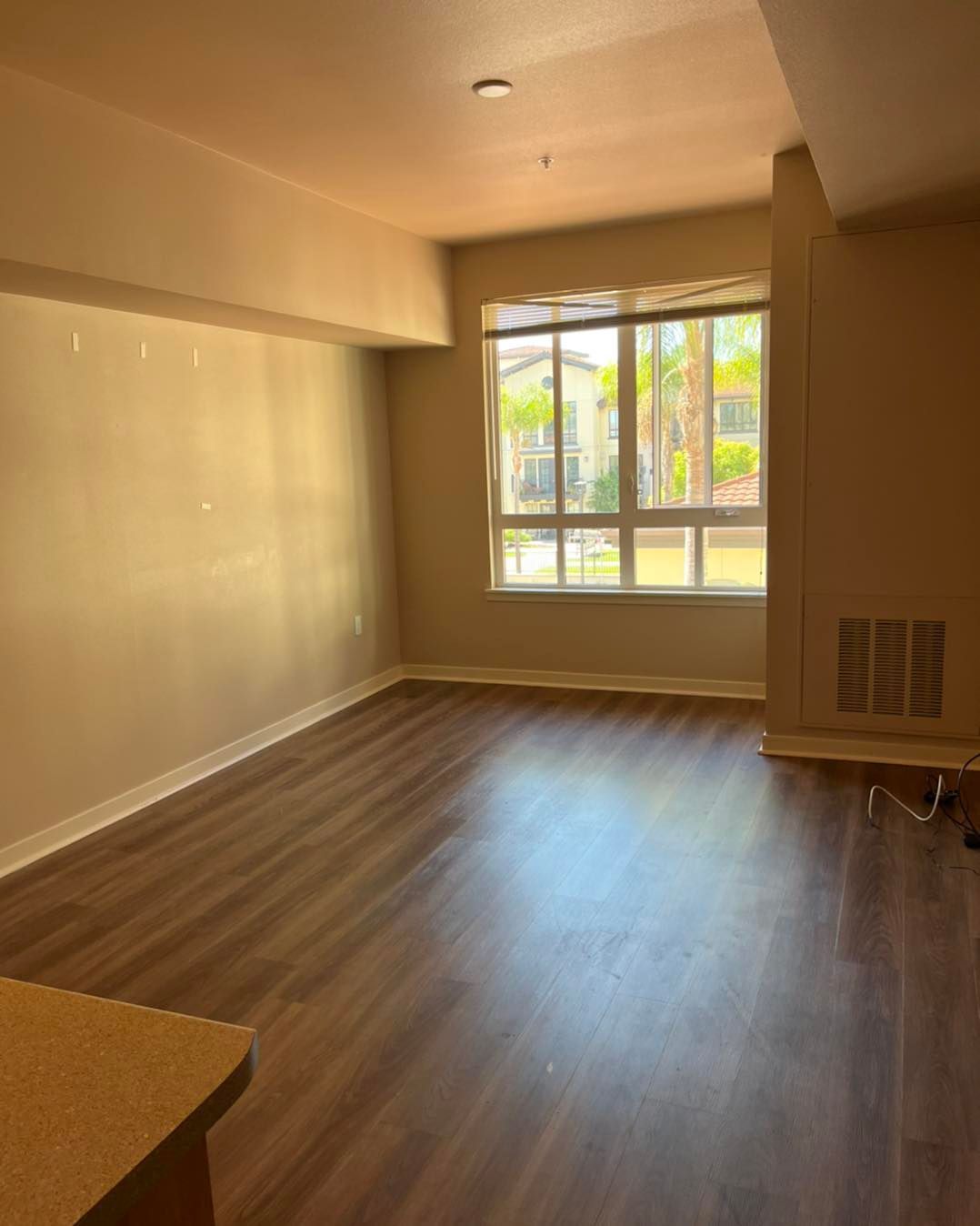 Empty living room with wood-look flooring, large window, and beige walls.