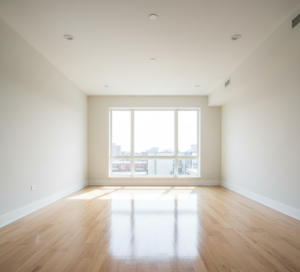 Empty room with hardwood floors, large window, and white walls.