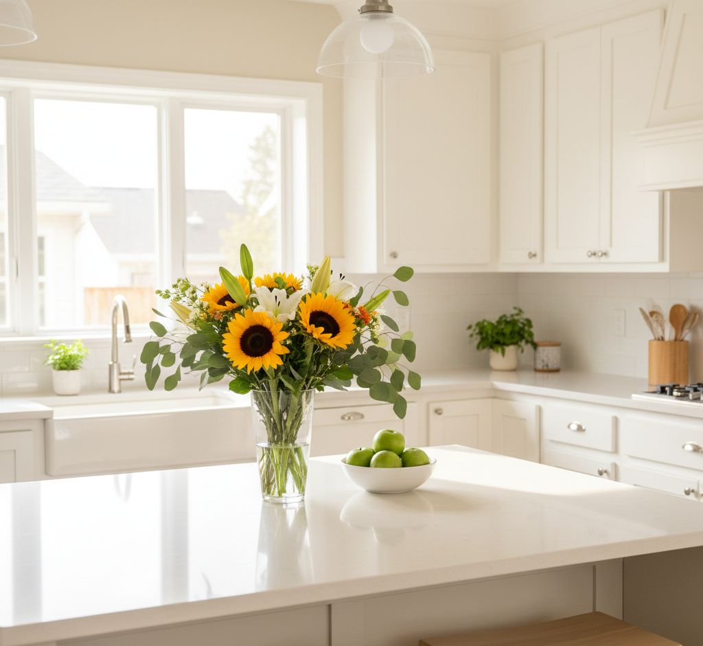 Sunflowers and lilies in a vase on a white kitchen island. White cabinets, large window, and green apples.