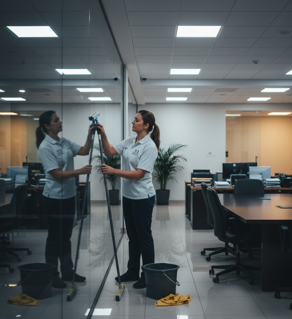 Two people cleaning an office window with a pole, buckets, and a mop in an office setting.