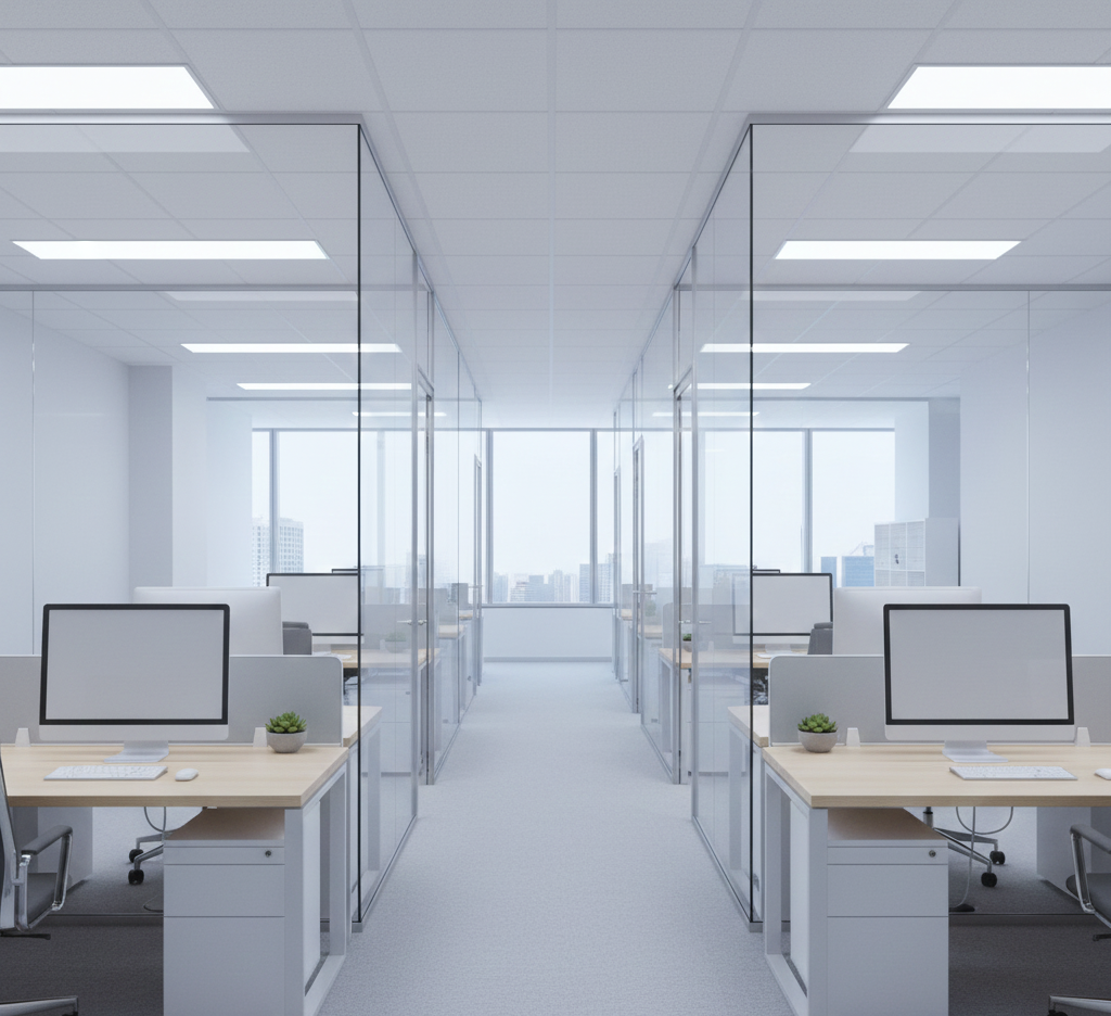Rows of desks in a modern office with glass walls, bright overhead lighting, and city view.