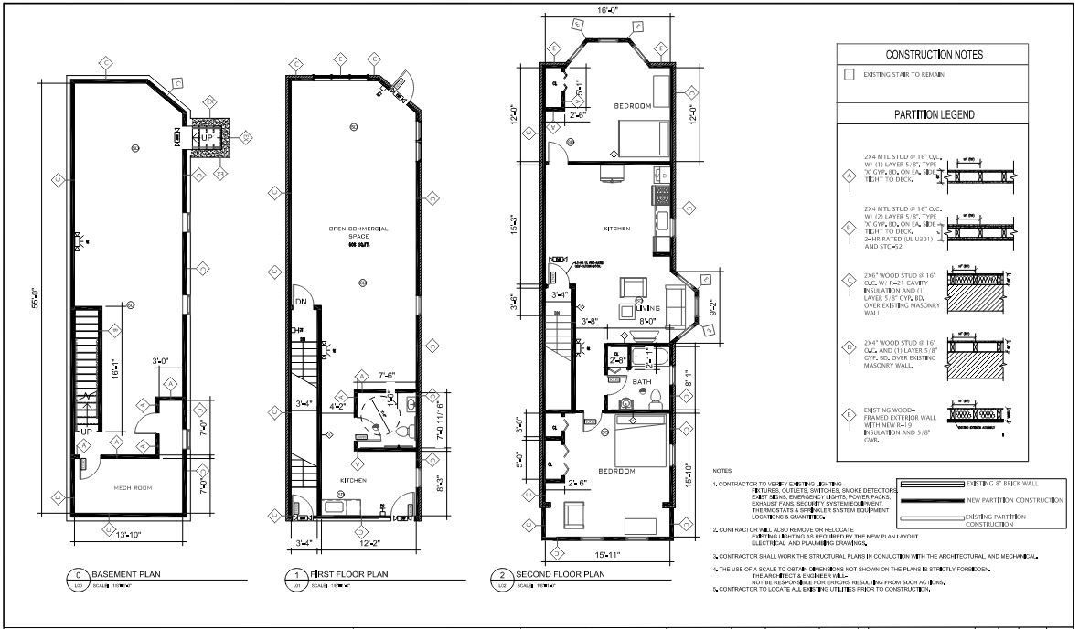Detailed construction documents for narrow residential build with measurements and notes