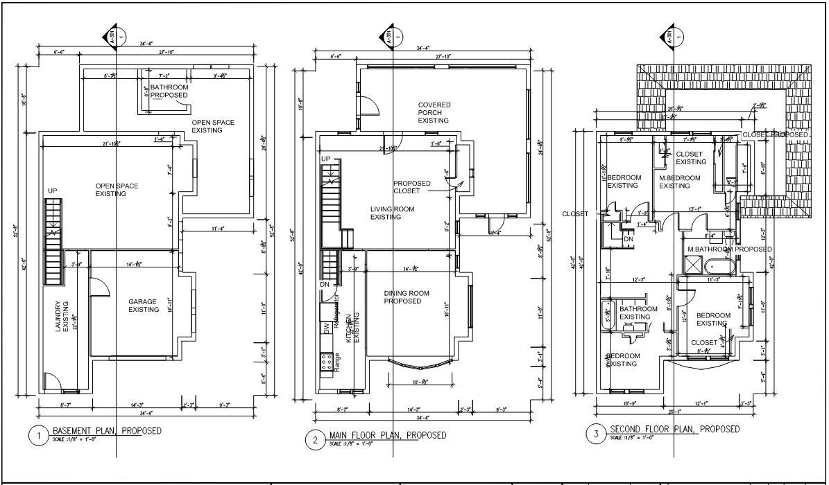 Three-level architectural drawings of proposed home renovation with labeled rooms and dimensions