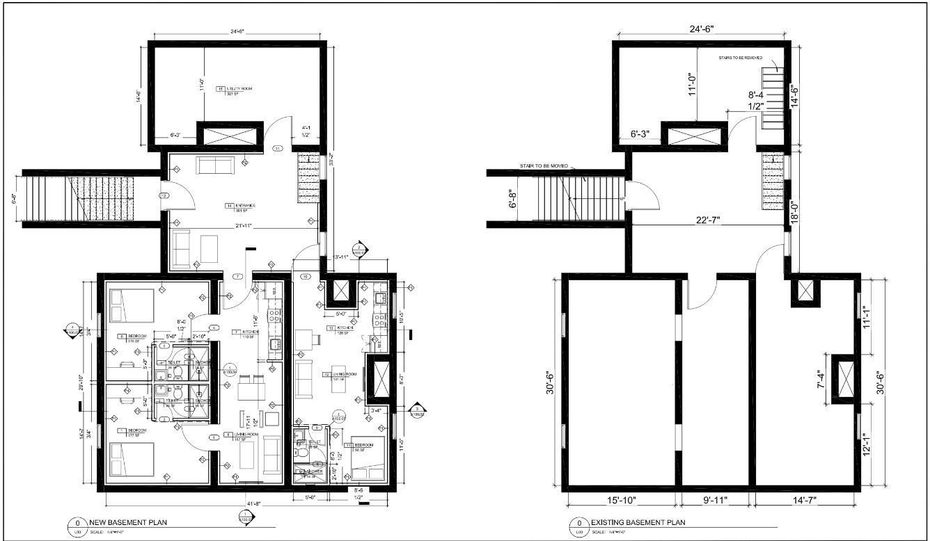 Basement floor plan blueprint showing kitchen, mechanical room, and stair access
