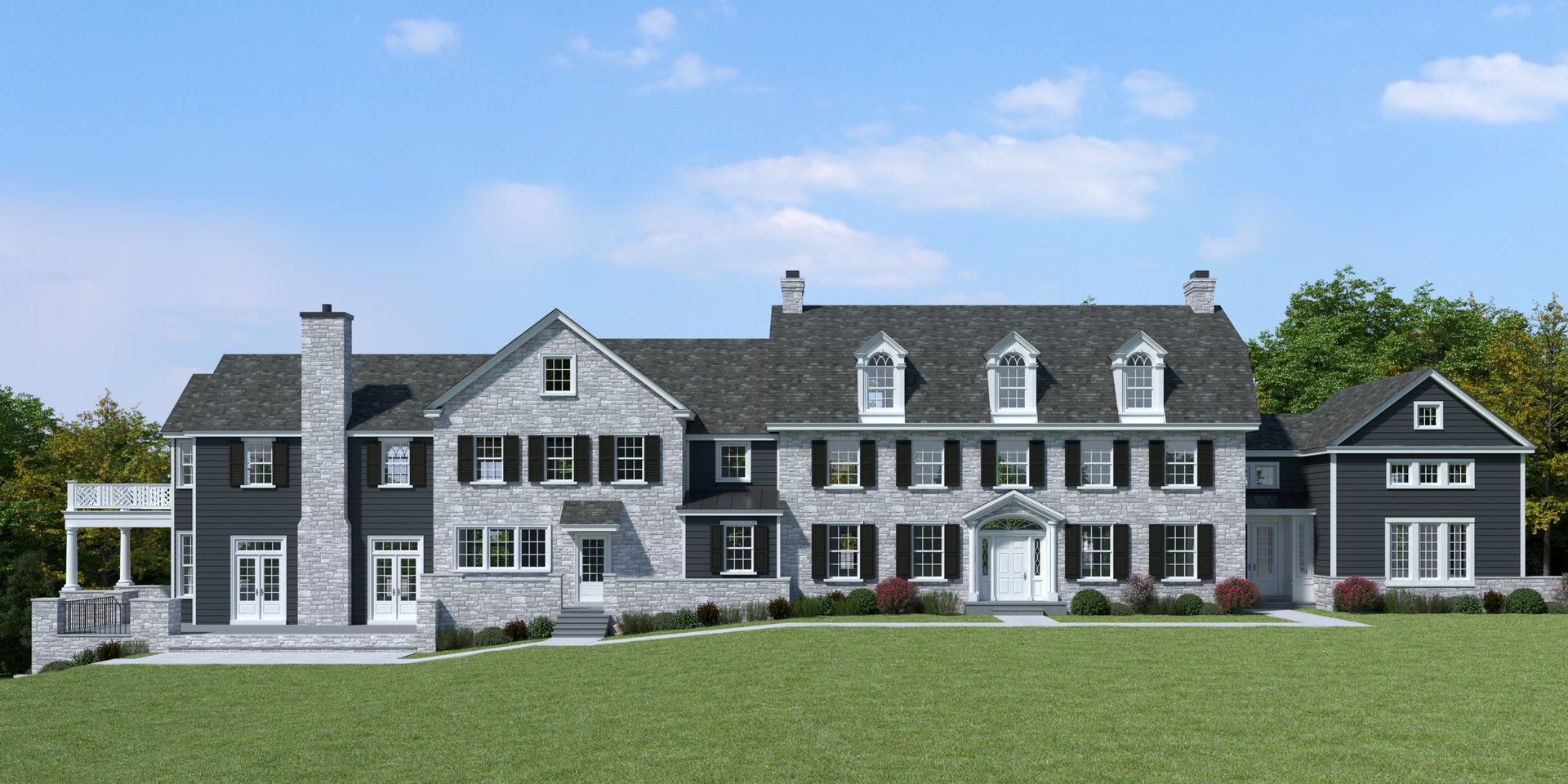 Large colonial-style home with stone facade rendered in 3D, showcasing symmetrical architecture and dormer windows